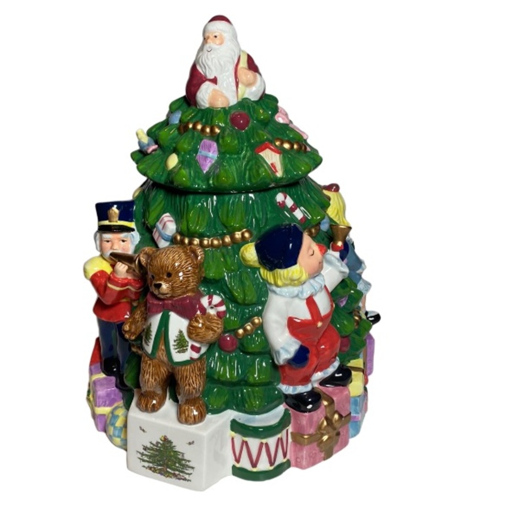 Vintage Spode Hand Painted Toy Around The  Christmas Tree Lidded Cookie Jar